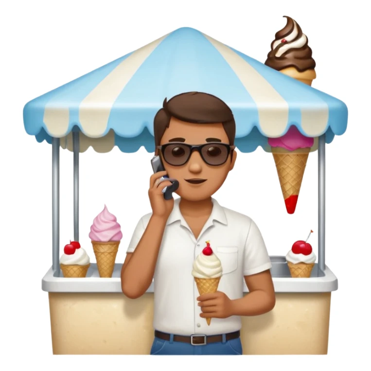 a man standing behind an ice cream stand. he is talking on his phone sticker