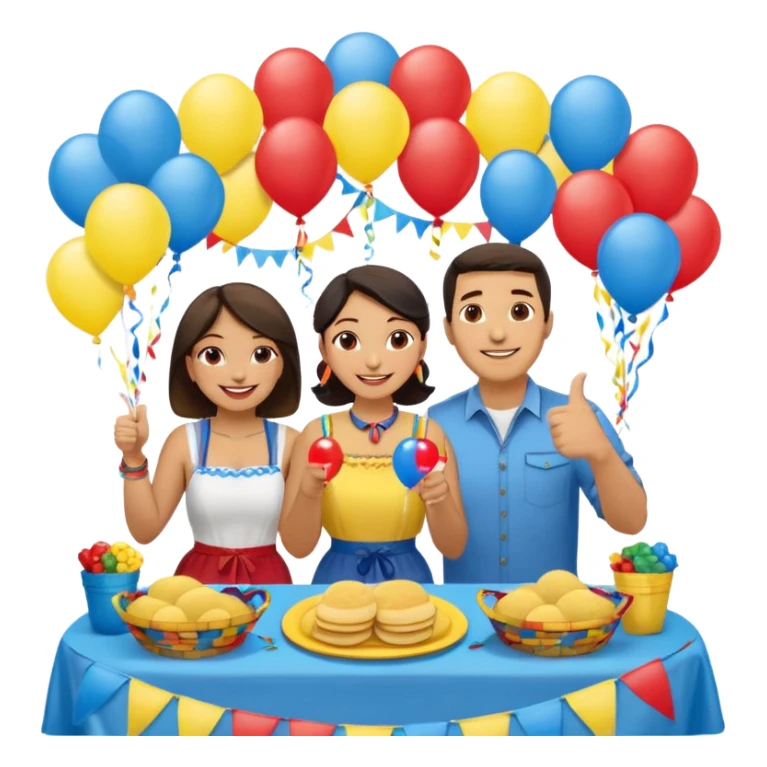 party table decorated with red blue and yellow colors, including a backdrops, balloons arch, streamers and more. On the table are intricate displays of colombian arepas, and baskets of money. In the forefront is a woman and man in simple clothing, big smiles and big thumbs up sticker