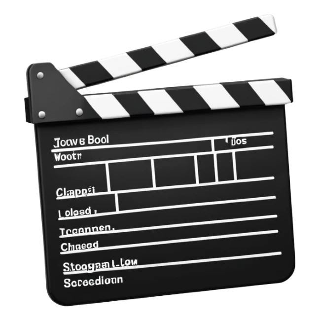 Classic movie clapperboard with traditional black and white striped top part and black base, iOS emoji style sticker