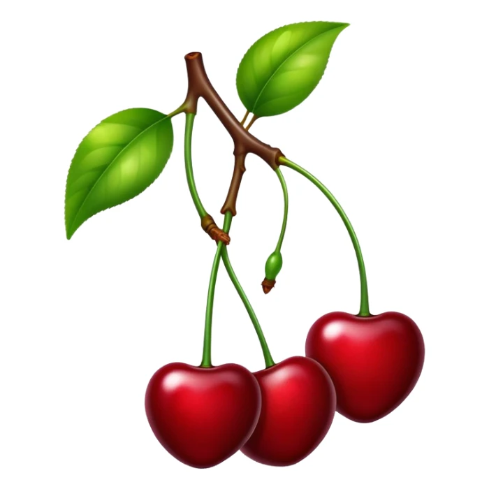 Pair of vibrant deep red cherries with green stem, fruit sticker