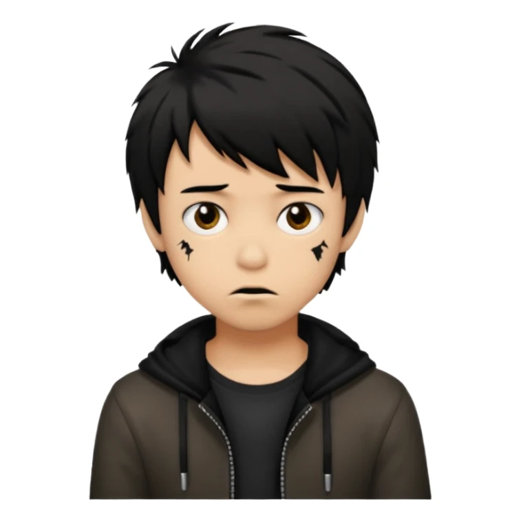 Boy, light brown skin, black hair, short long, emo, shaggy, creepy expression sticker