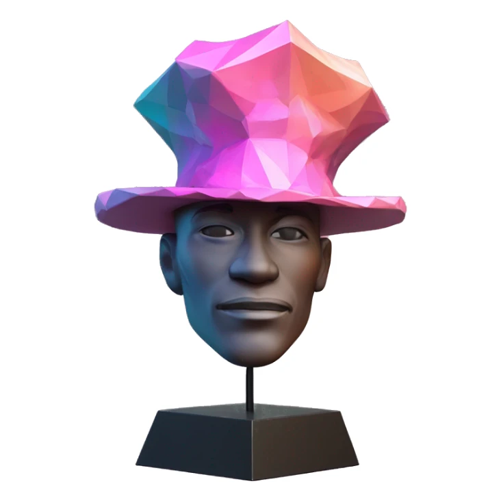 sculpture Mage hat without . Hat is geometric, faceted design. The hat is standing upright on a base with angular and baroque features. The vibrant midtone tints of pastels and pink highlights the sharp edges and planes. detailed hat no person is wearing sticker