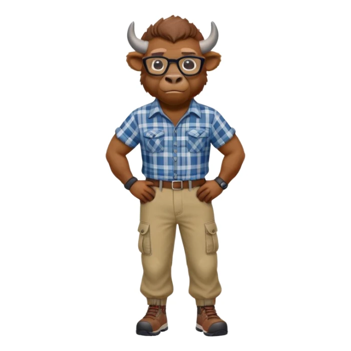 friendly anthropomorphised bison in cargo pants and plaid shirt, wearing glasses, jogging upright, relaxed pose sticker