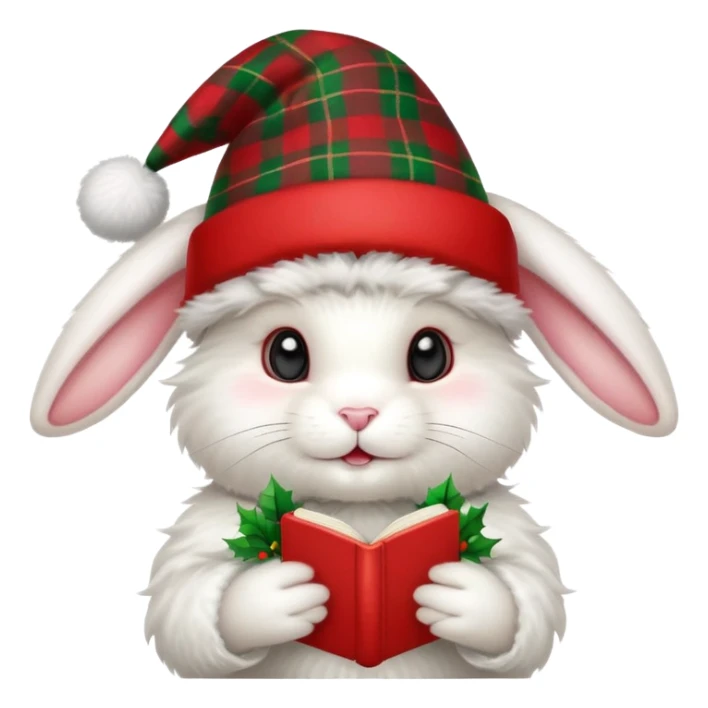 fluffy white angora rabbit wearing red and green plaid Christmas hat held in hands sticker