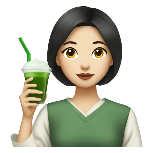 Asian girl with light skin dark hair drinking matcha  sticker
