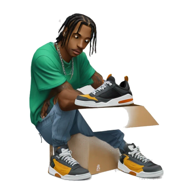 travis scott de pie con unos sneakers con su caja en la mano sticker