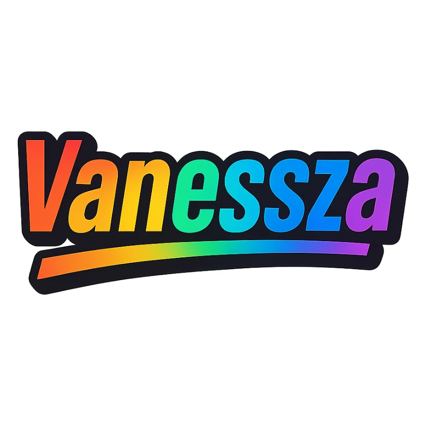 Vanessza name in modern gradient font with precise Hungarian characters, dark outline, extra thick, prominent white letter border, dynamic slanted underline, rainbow gradient colors, 1000x1000 px, PNG, transparent background sticker