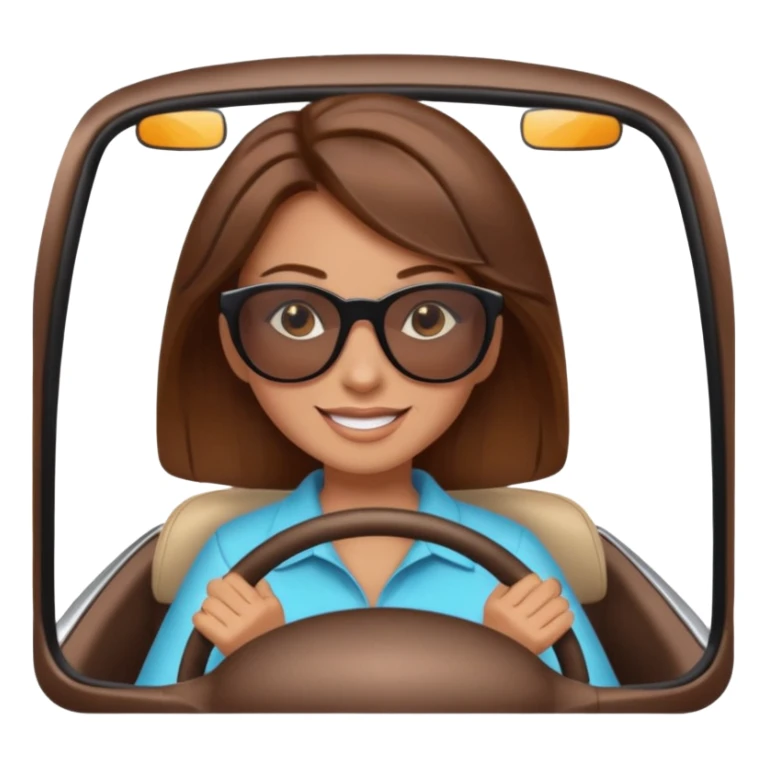 Brown hair woman driving car. Happy face sticker