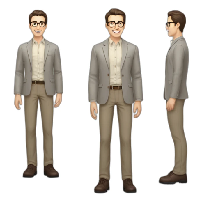 Joyful Full height Pale skinned Fit Man With dark brown hair in gray jacket, beige office shirt, Brown pants and vintage glasses. His thrumbs up sticker