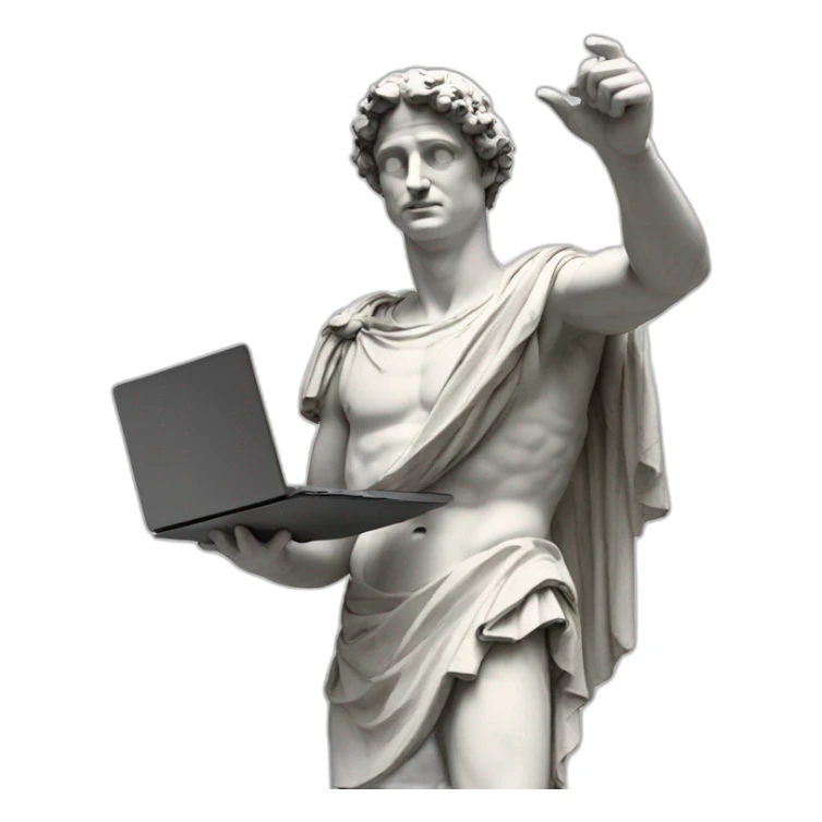 Roman sculpture with virtual reality goggles pointing its finger to the sky and holding a laptop with his other hand sticker