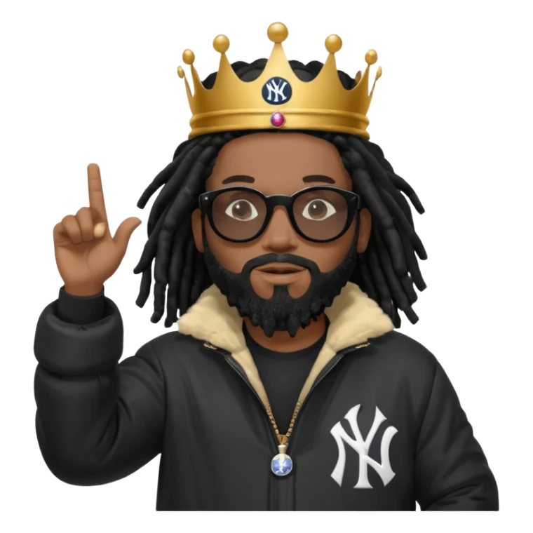 African American man with shoulder length black dreadlocks with black beard wearing black sunglasses wearing Crown on his head wearing a black bubble m New York Yankees logo winter coat pointing up and out sticker