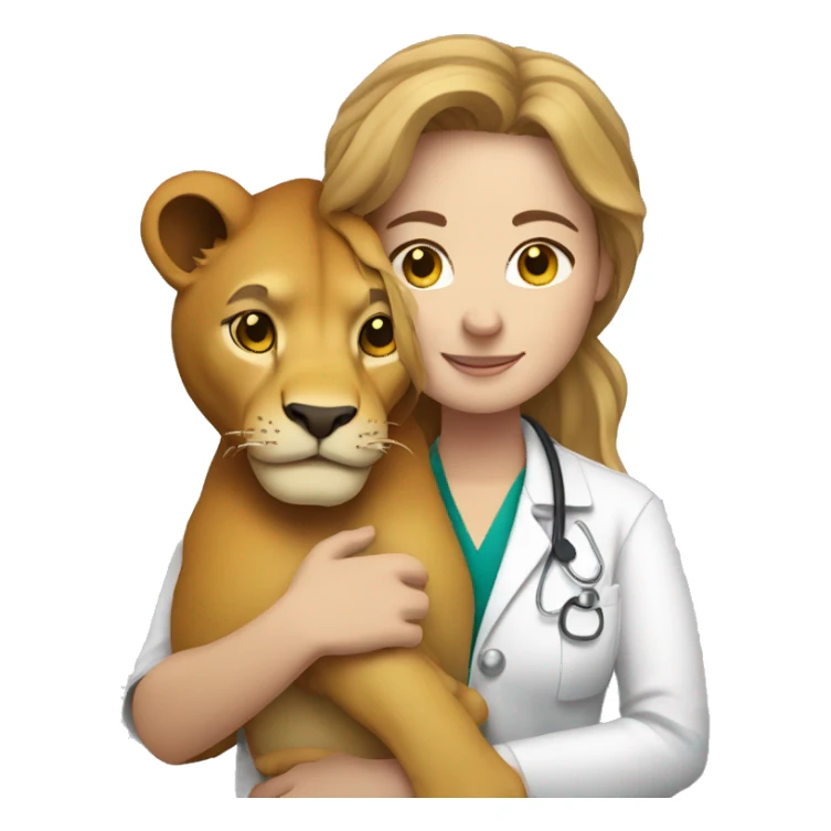 Woman veterinarian with light brown hair cuddling a lion sticker
