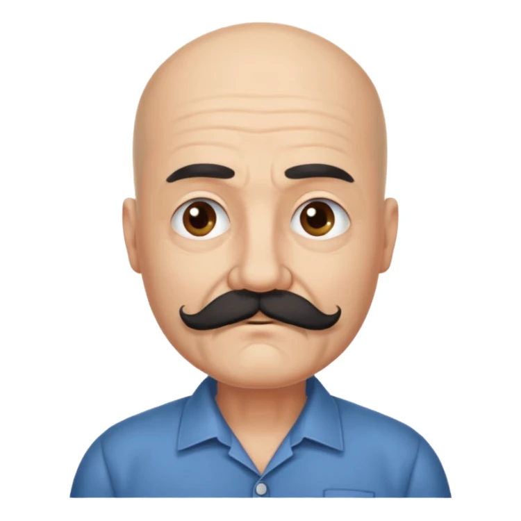 61 years old. Bald with dark hair on the sides. black thick moustache. White beard. saying sorry sticker