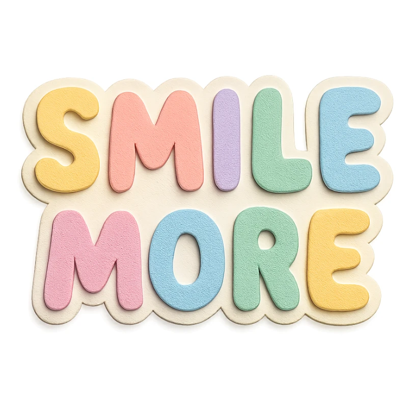 "Smile More" in soft pastel rainbow puffy lettering, cute bubble font, no frame, isolated for stickers, transparent background sticker