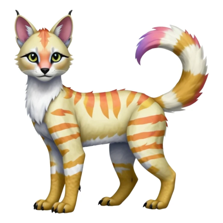 Colorful tropical tribal pale light fruity pastel white glorious iridescent divine exotic cute albino neon vibrant zigzagged cool beautiful fantasy-caracal-civet-genet-sergal-vernid-Gryphon-Cacomistle-Trico-oncilla-animal-Fakémon-hybrid-fursona (full body), facial markings,  sticker