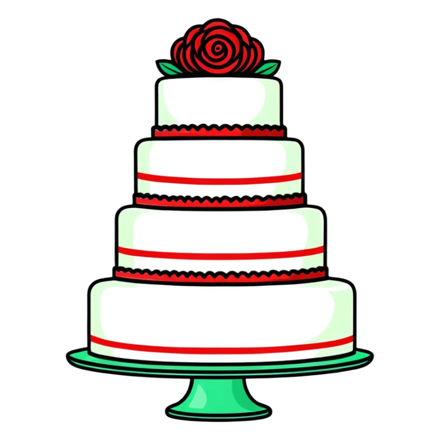 Beautiful red velvet wedding cake with multiple tiers and white icing details sticker