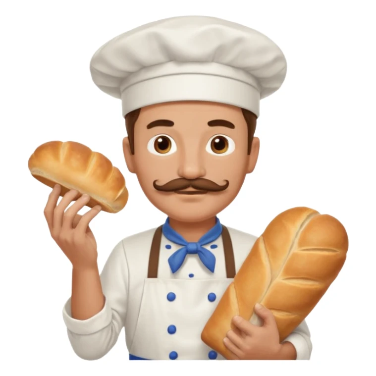 Middle aged male pastry chef - with a mustache, apron, white hat, holding bread sticker