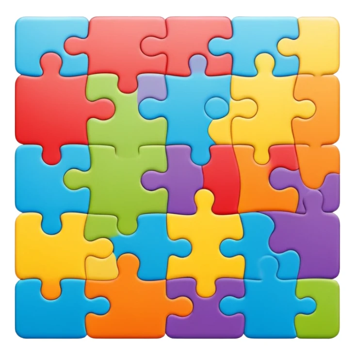 An icon showing connected jigsaw puzzle pieces with letters sticker