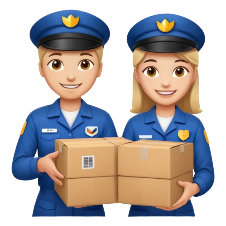 create a realistic emoji of two working packaging workers switching positio sticker