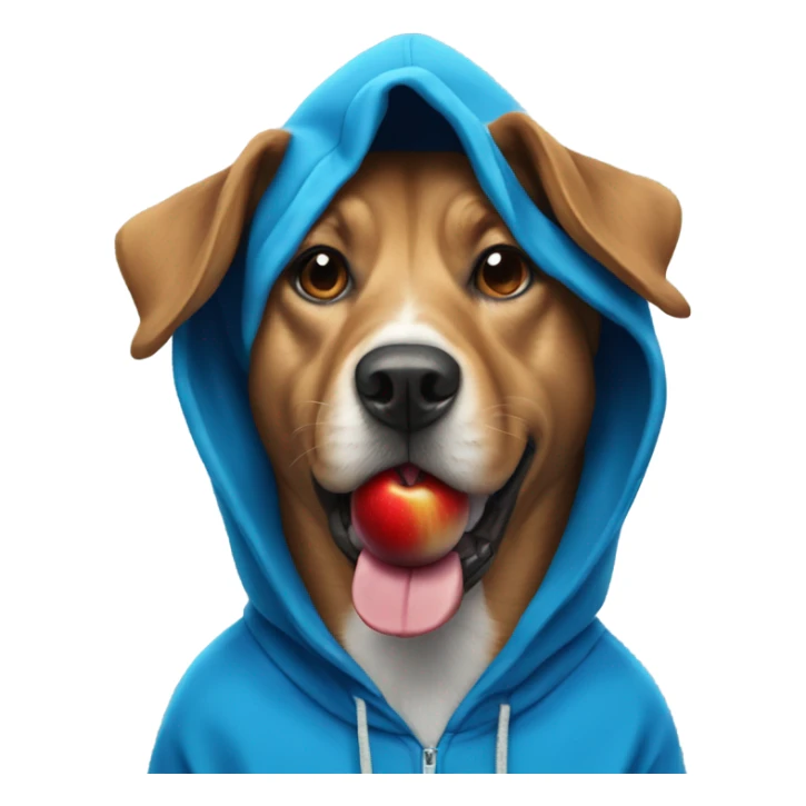 Dog wearing blue hoodie with red apple in mouth  sticker