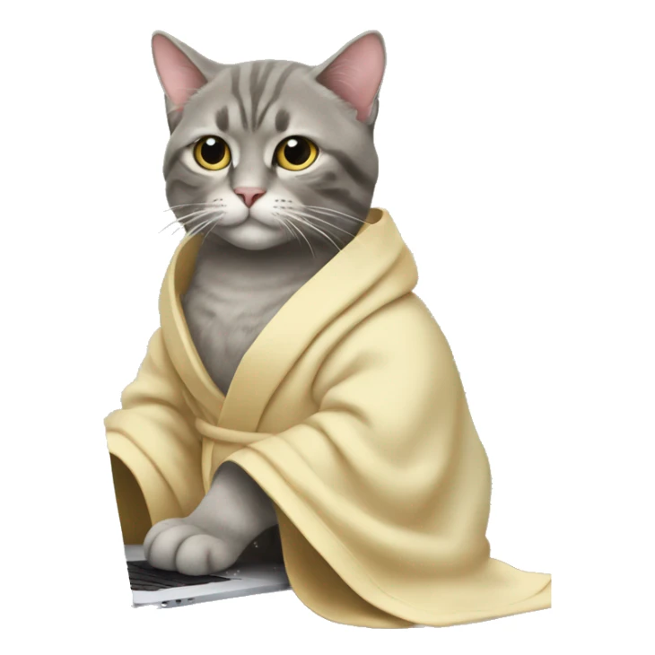 cat with robe and a macbook sticker