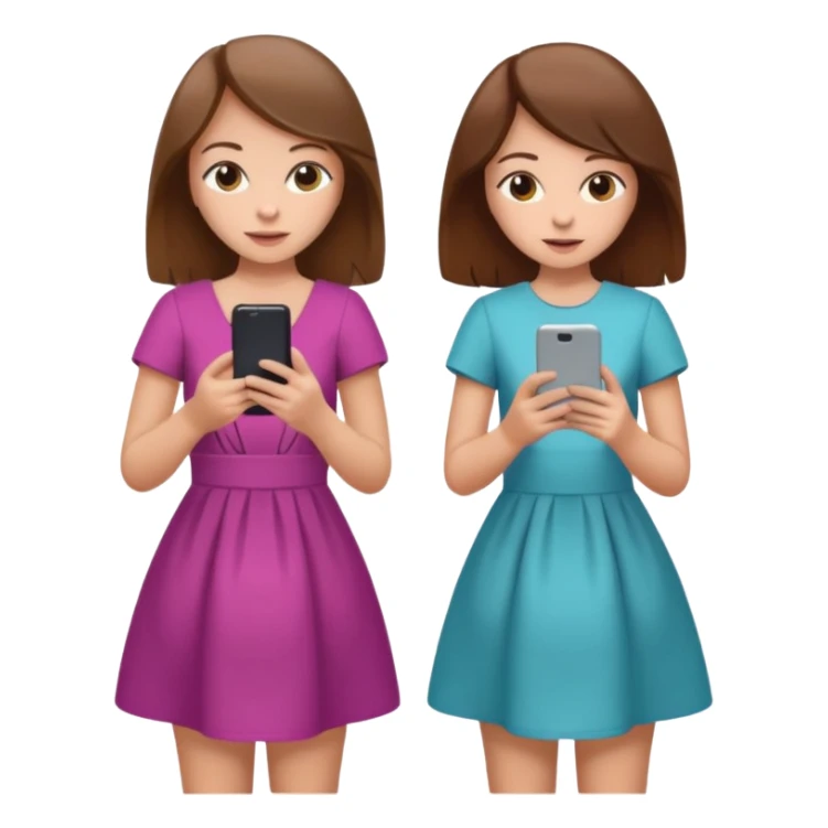 two brown haired girls, looking professional maybe leaned on each others back and looking forward and using phones, with longer hair and with some cute clothes without ties maybe dresses, one girl can hold lap top another one can hold the phone sticker