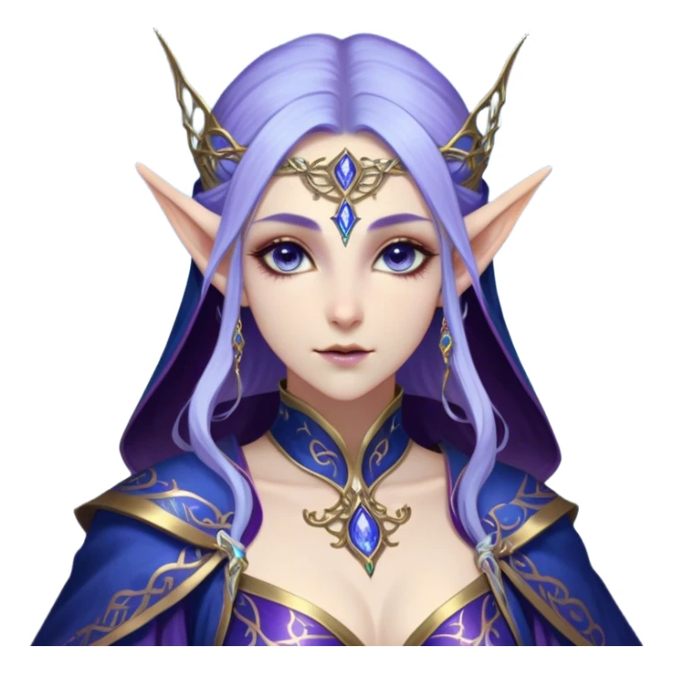 Cinematic Realistic WoW Elf Mage Portrait, depicted with ethereal, otherworldly beauty and refined arcane mastery. Clad in an intricately detailed robe in consistent deep blues and purples accented with shimmering gold filigree, her luminous, porcelain-like skin and delicate features evoke timeless elegance. Her piercing, mystical eyes radiate ancient wisdom, rendered with lifelike texture and subtle, magical lighting, high shine, noble and majestic, capturing the essence of a legendary elven sorceress. sticker