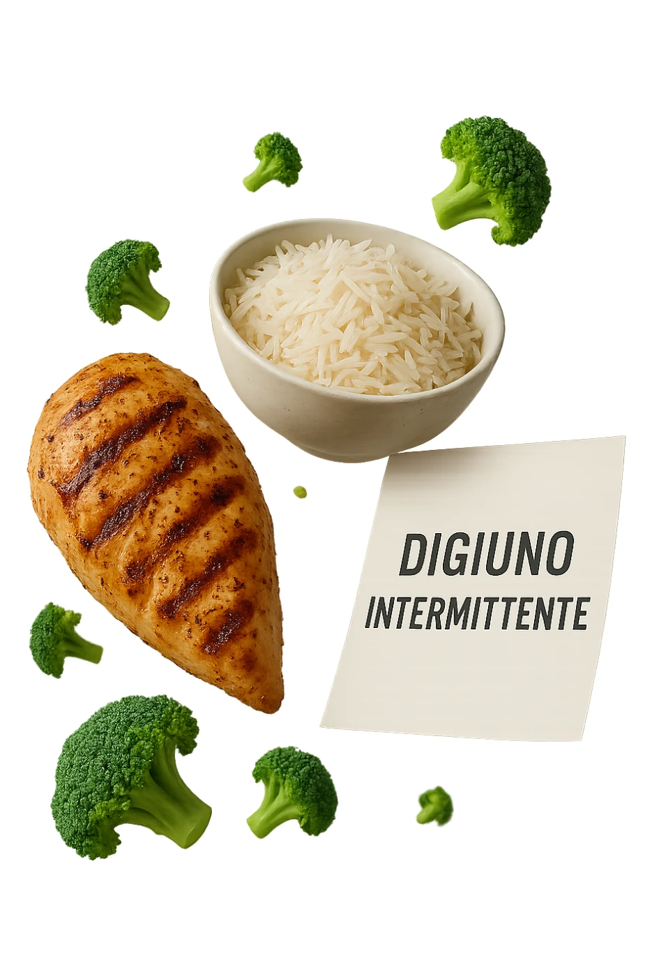 petto di pollo grigliato, bowl di riso basmati e broccoletti fluttuano in aria insieme ad un foglio con la scritta "DIGIUNO INTERMITTENTE", iperrealistico 4k sticker