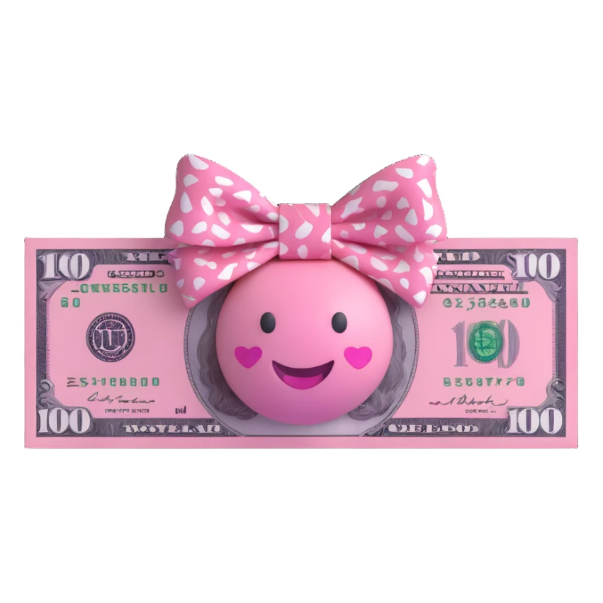 $100 bill, 3D emoji style, alternating pink and white patterns, girly, with a bow instead of a smiley face sticker