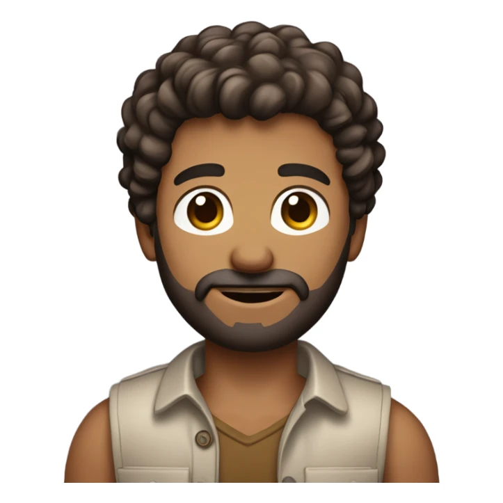 men holding his computer in hands. light brown skin men with curly dark brown hair, brown eyes, little grown beard. ust a tiny bit muscular. dressed casual. round face. sticker