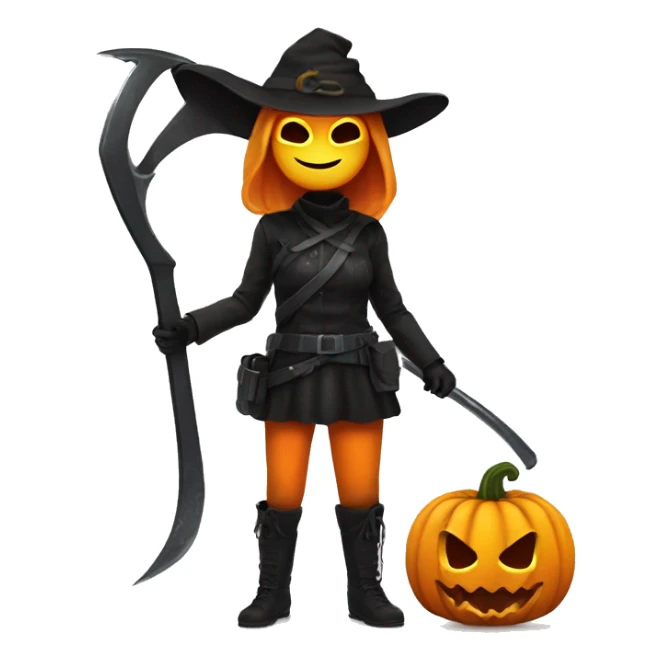 Human female pumpkin hunter with a scythe, glowing pumpkin eyes inside a black helmet, Halloween theme, emoji" sticker