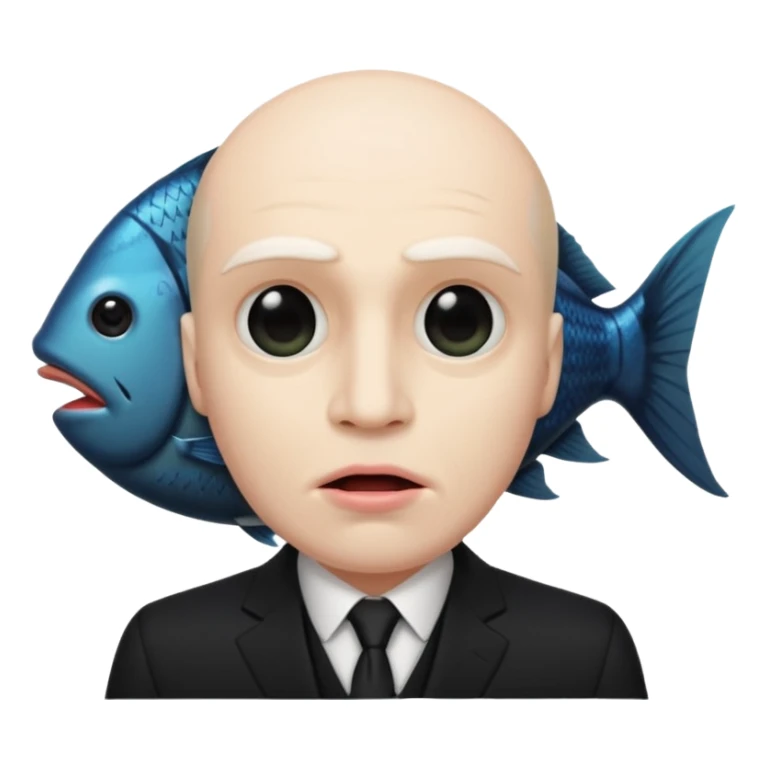 A man dressed in a black suit. His face is that of a fish — therefore, he has no human face. The fish’s face is positioned vertically, meaning its mouth is facing upward. sticker