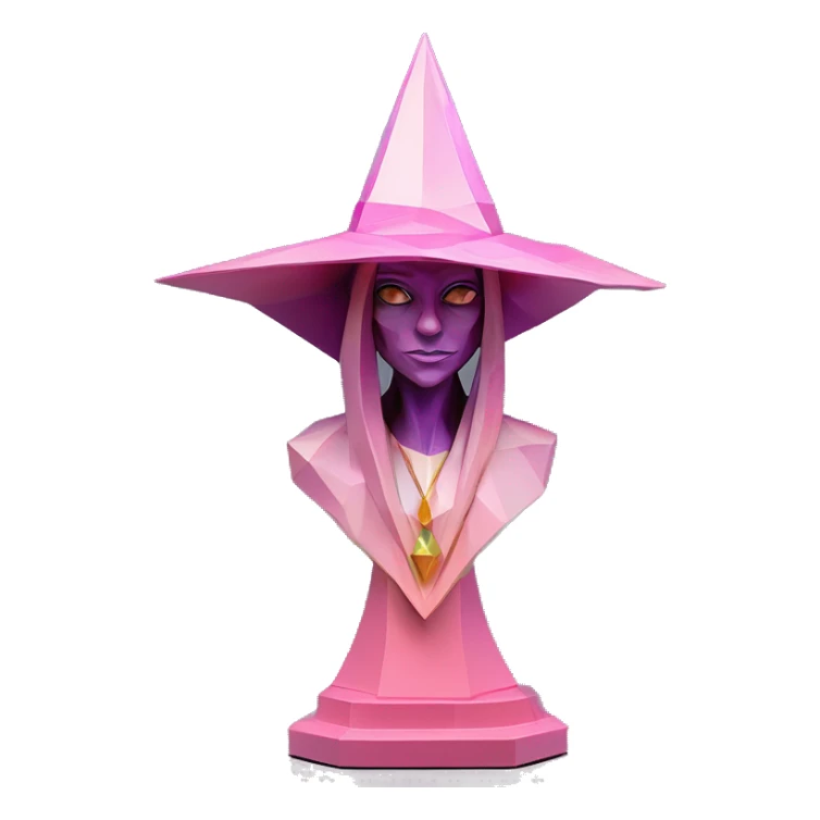 standalone sculpture Mage Witch Hat is geometric, faceted design. The sculpture is standing upright on a base with angular and Alphonse Mucha style. The vibrant midtone tints of pastels and pink highlights the sharp edges and planes.  sticker