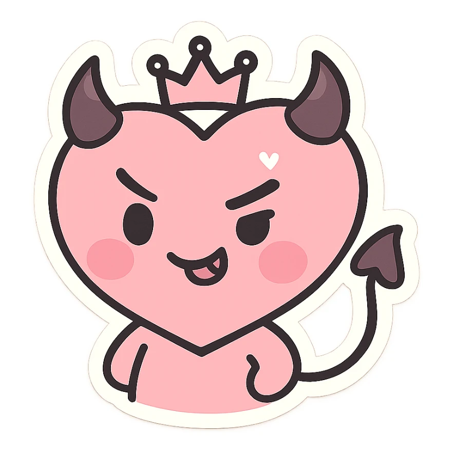devil emoji, chibi style, pastel pink and black colors, heart-shaped face, tiny horns, cute but mischievous expression, heart motif, crown accessory sticker