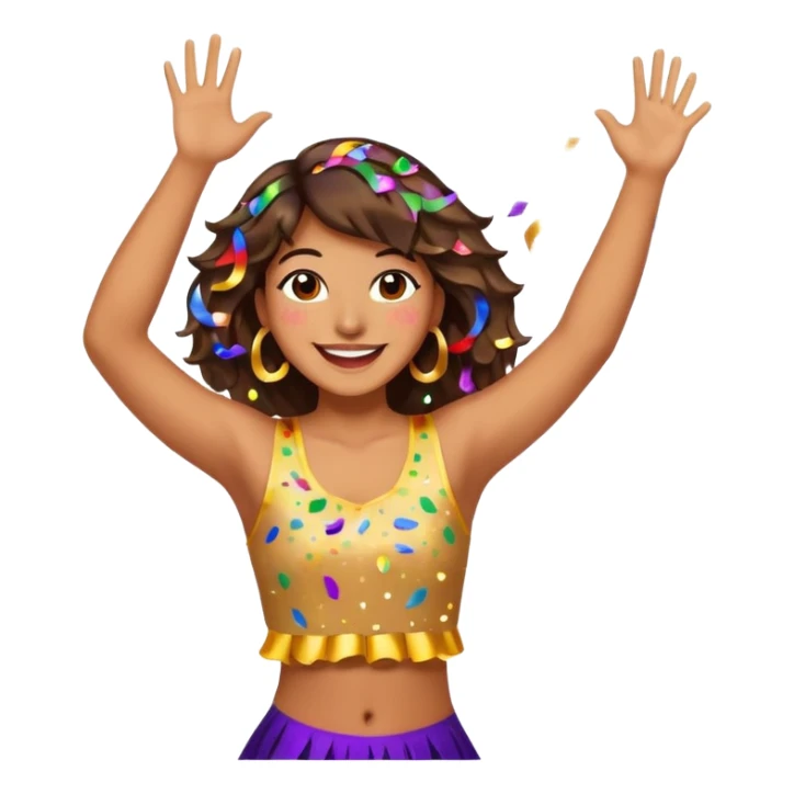 An energetic, celebratory emoji-style scene featuring a dancing figure surrounded by confetti, party streamers, and festive sparkles. Bright, colorful, joyful, and full of movement. sticker
