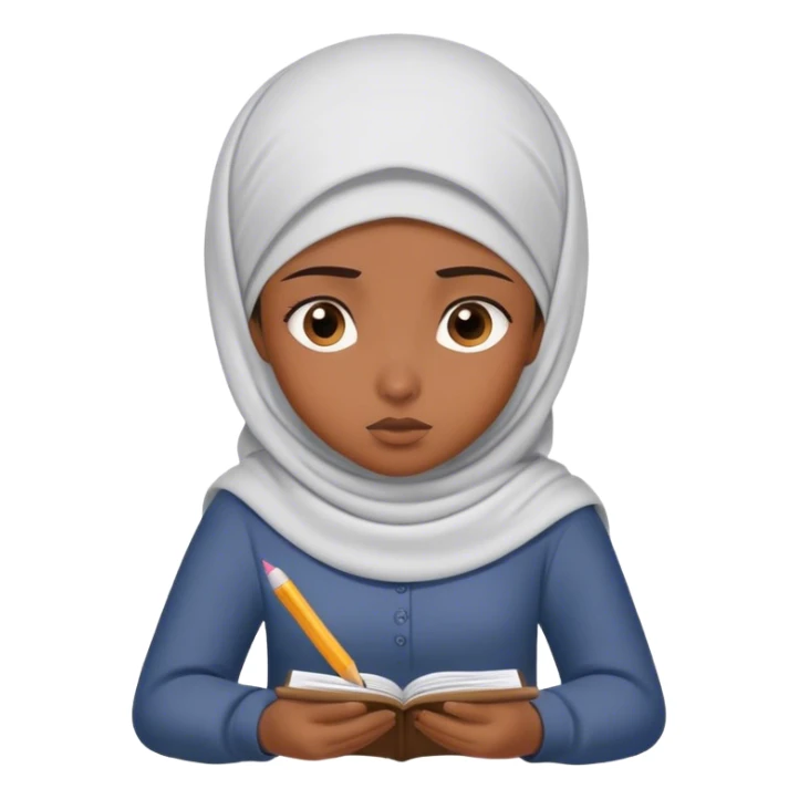 muslim girl writing in notebook, with confusion sticker