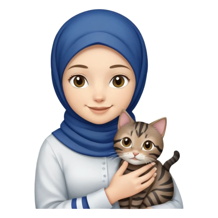 White girl wearing dark blue hijab with white shirt smiling while holding a black grey brown stripes tabby cat sticker