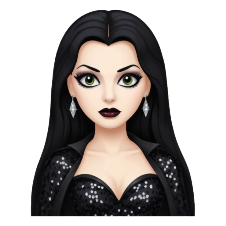 Vampira with long black hair, black sequin outfit sticker