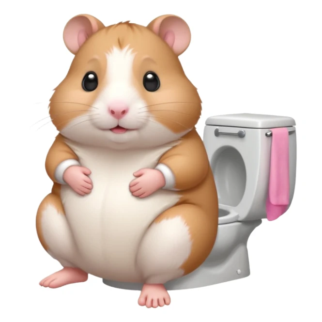 Cute chubby cartoon-style hamster sitting on toilet, sticker-style illustration sticker