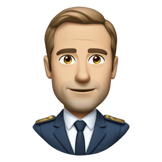 Macron avec Chemise blanche ou bleu clair, sans cravate, avec les manches retroussées éléments visuels futuristes comme des lignes LED sur le costume sticker