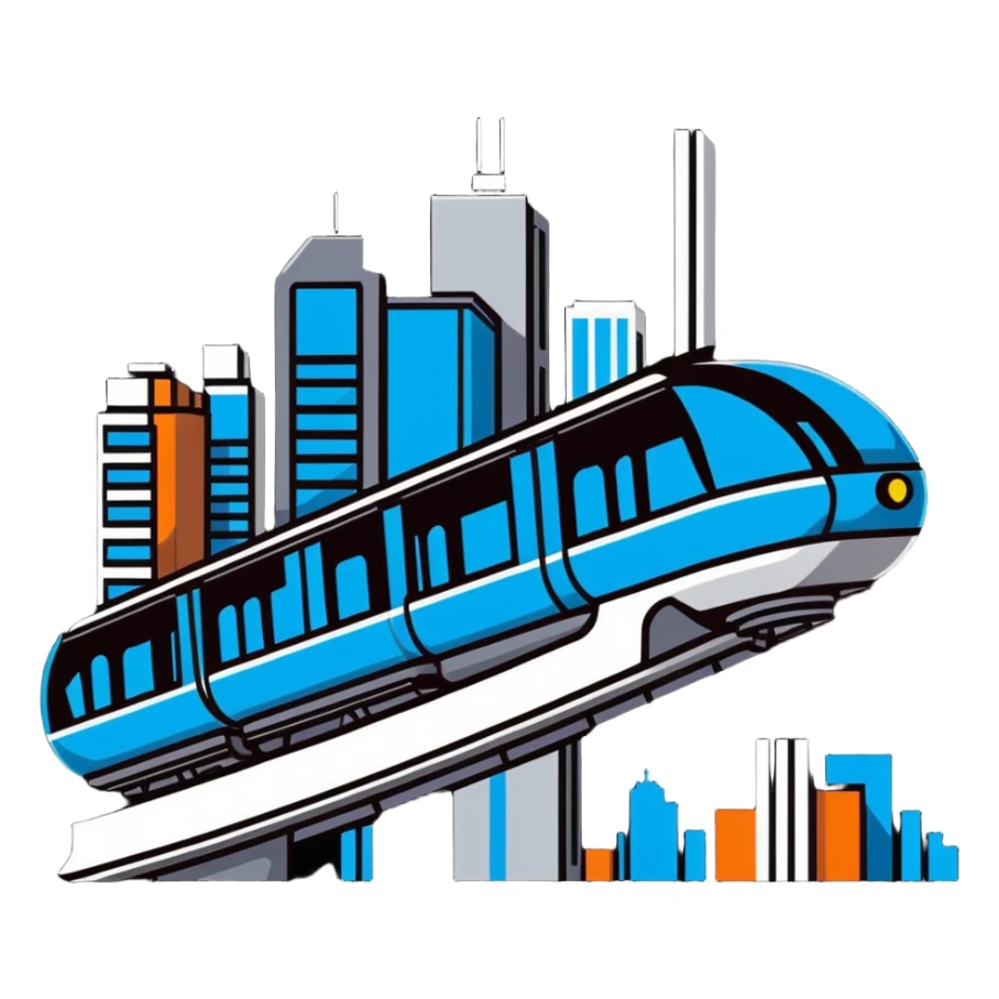 Futuristic monorail train curving above a cityscape with tall buildings sticker
