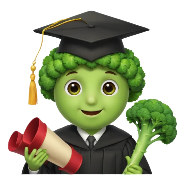 broccoli with a mortarboard, carrying a diploma scroll, with eyes and a happy expression sticker