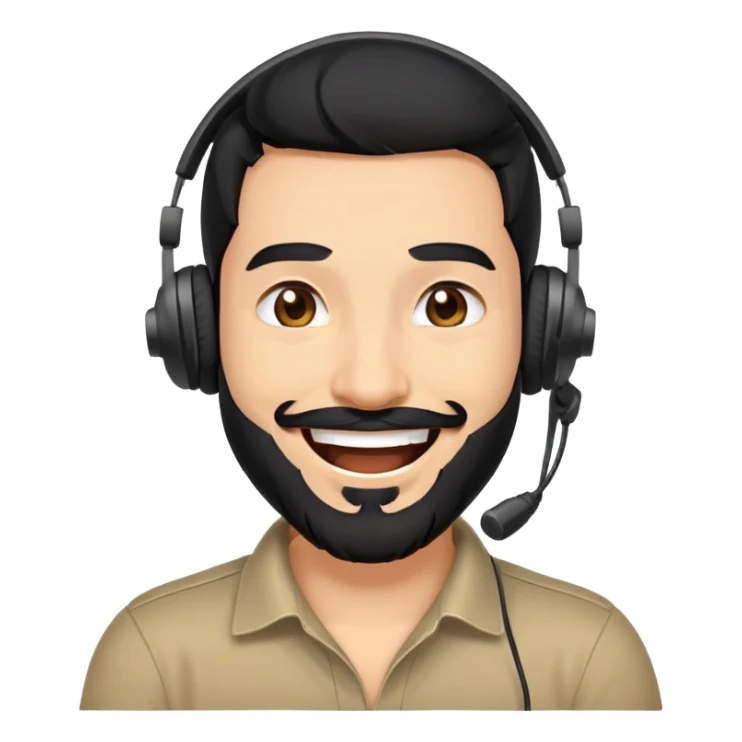 laughing man with black hair, brown eyes, black beard wearing gaming headset sticker