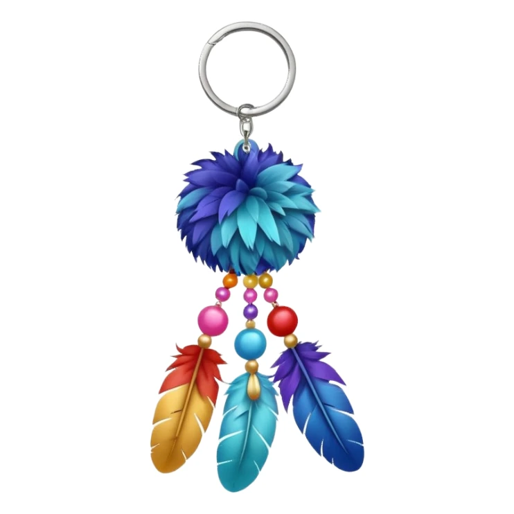 Keychain with big hanging feather and beads and soft fluffy big Pom-pom-balls attached    sticker