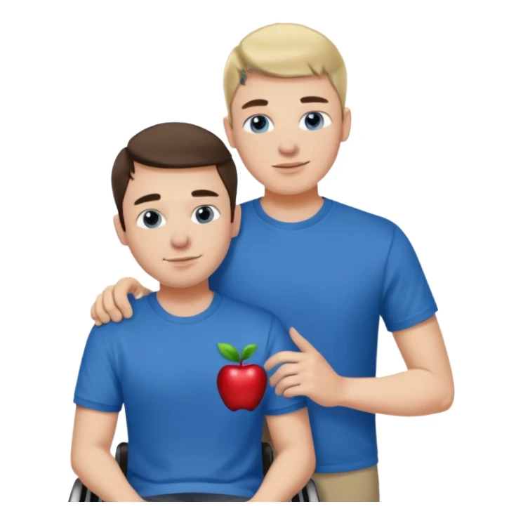 A guy in a blue Apple T-shirt, helping a disabled person who is ugly sticker