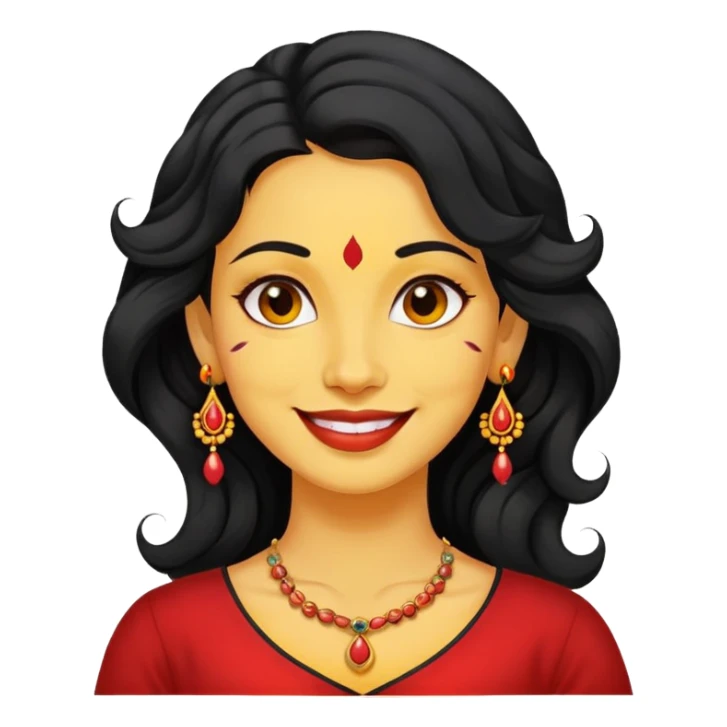 "- Phụ nữ
- 35 tuổi
- Da vàng
- Tóc đen xoăn nhẹ
- Có chấm đỏ Bindi, đeo khuyên tai
- Mặt cười
" sticker