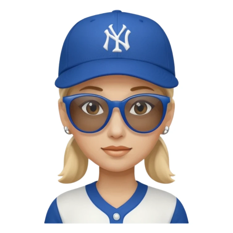woman with blue jersey and baseball hat sticker