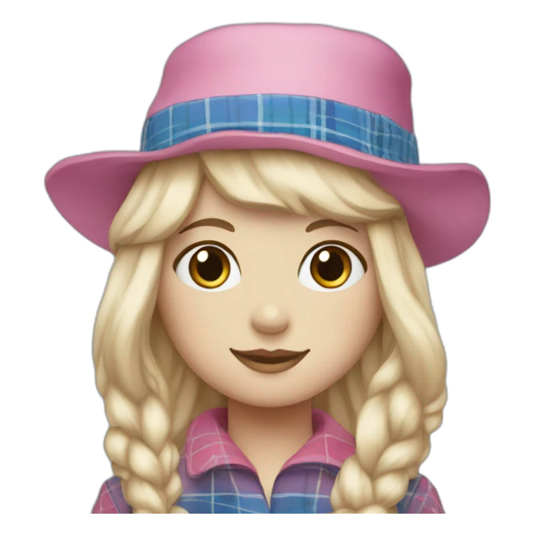 ragdoll with blond hair, pink hat and blue and white tartan dress sticker