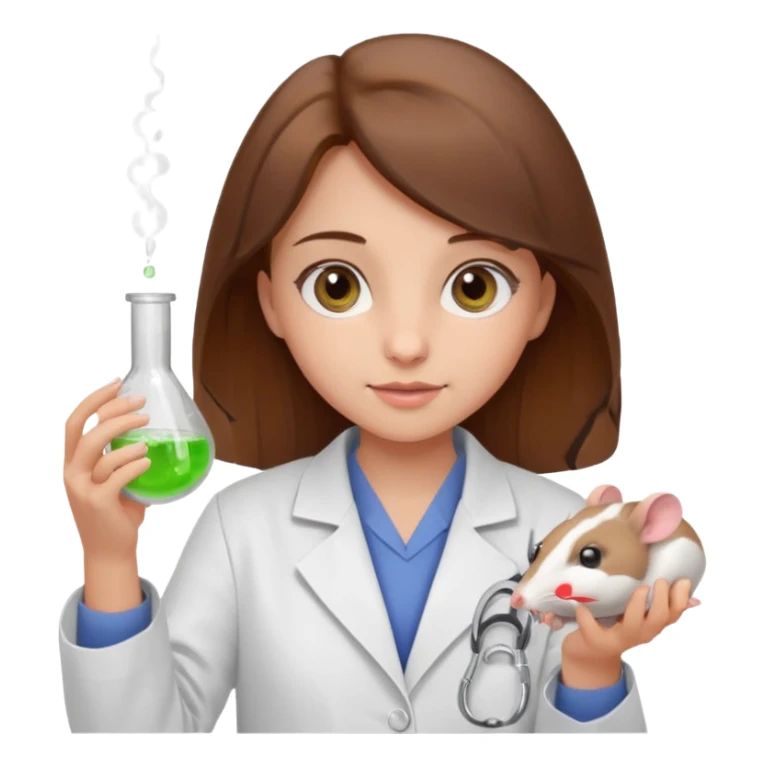a cute brown haired girl with hazel eyes holding a white mice in hand doing experiment in lab sticker