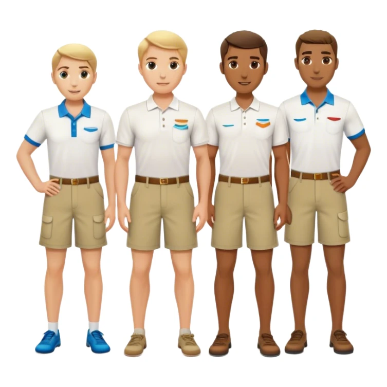 Group of pool attendants. plain white polos, khaki shorts. various races sticker